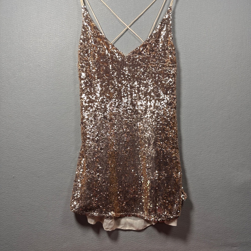 Free People Rose Gold Sequin Mini Dress Cross Back V-Neck Party Medium